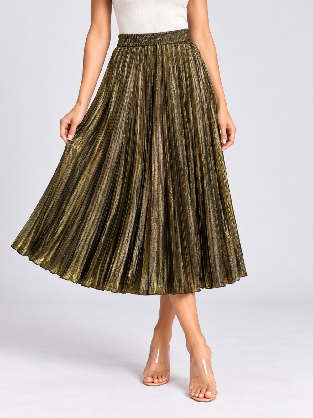 Liv Los Angeles Medium Gold Metallic Pleated Midi Skirt Elastic Waist